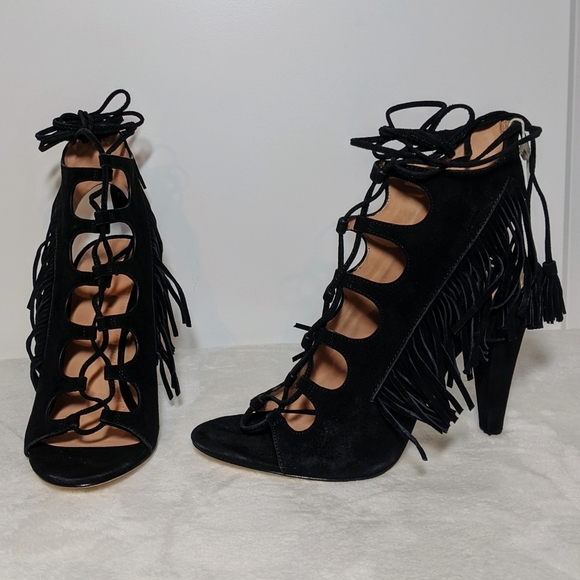 Sigerson Morrison Sandal Suede Fringe Ankle Wrap Ghillie Tie Heel Black 8.5 NIB - Picture 4 of 8